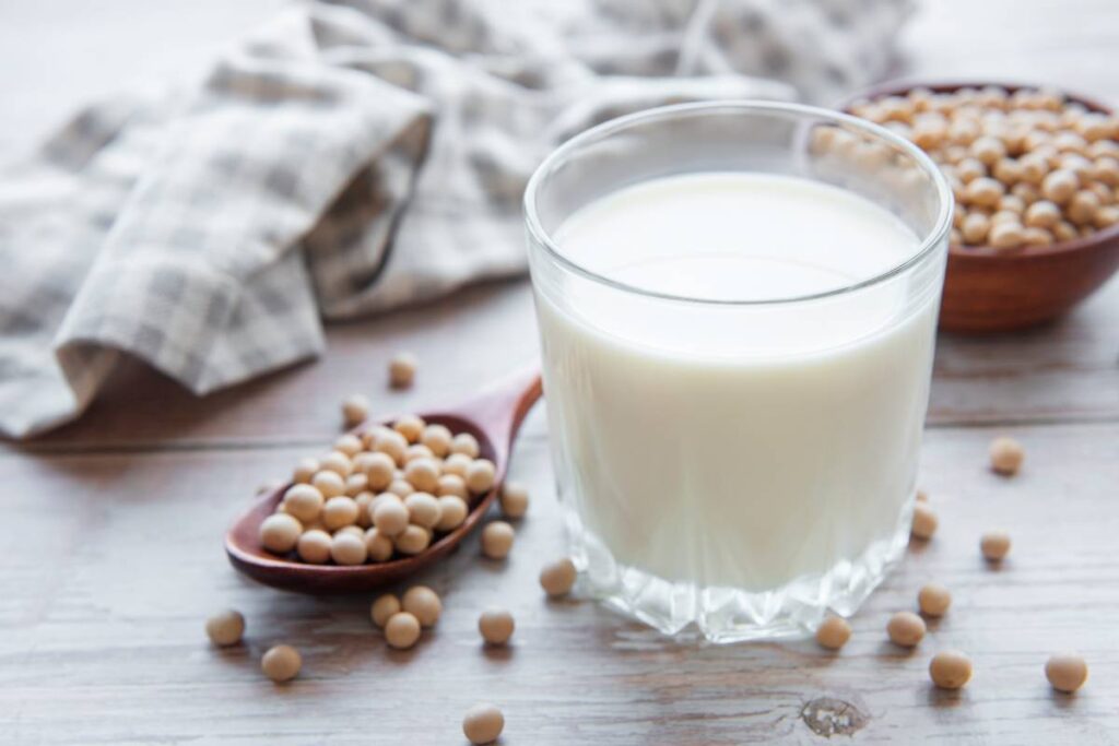 Soy milk and soy on the table - healthy plant product