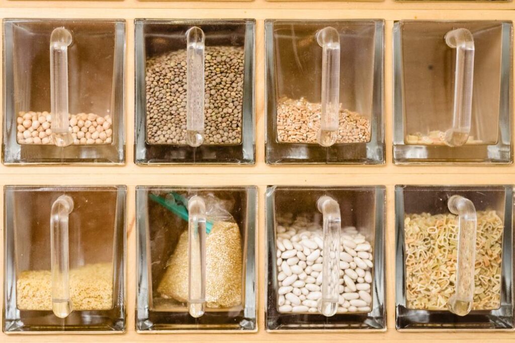 Jars with legumes in a kitchen ready to use