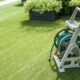 garden watering irrigation hose on the lawn